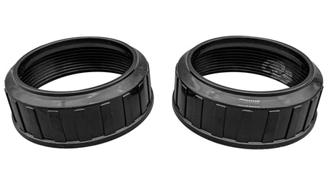 Two black threaded plastic union nuts for Pentair in-floor LeafVac set
