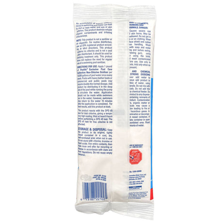 Poolife Non-Chlorine Oxidizer pouch with product instructions and barcode on back label