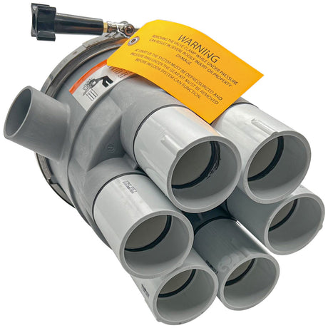 Low profile 2-inch 6-port actuator T-valve with gray PVC fittings and warning tag