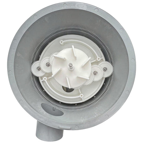 Low profile Pentair In-Floor 2-inch 6-port actuator T-valve with exposed gear assembly and gray housing