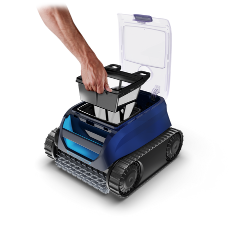 Hand removing the filter basket from a Polaris cordless robotic pool cleaner with open top compartment