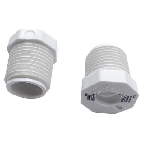 Two white threaded plastic pressure test plugs for Pentair system pressure test kit