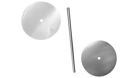 Ball valve rebuild kit parts with two metal discs and a valve stem on a white background