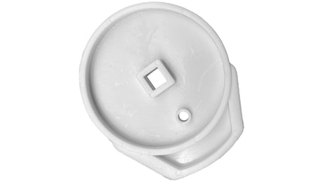 White plastic ball valve rebuild kit component with square drive opening and mounting hole