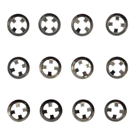 Twelve metal gear retainer clips arranged in a 3x4 grid on a white background.