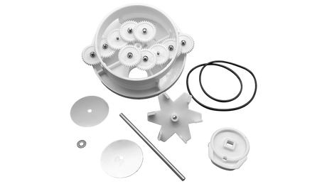 Pentair 5-port ball valve rebuild kit components with gears, O-rings, shaft, and seals on white background