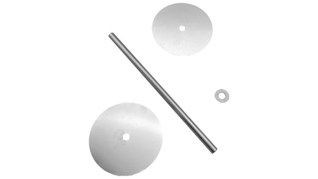 Pentair 5-port ball valve rebuild kit parts with two round metal discs, rod, and washer