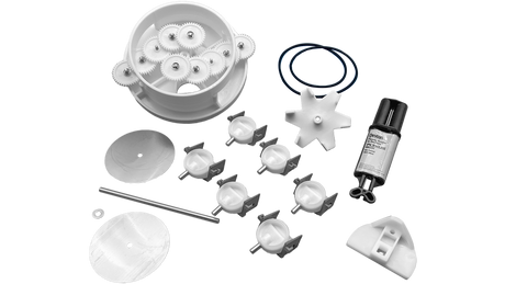 Pentair 6-port top feed T-valve retrofit rebuild gear kit components laid out on a white background