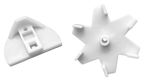 White plastic Pentair 6-port top feed T-valve retrofit rebuild gear kit parts on a white background