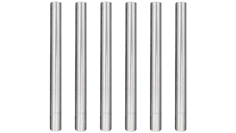 Six stainless steel 2-inch T-valve assembly rods arranged vertically on a white background