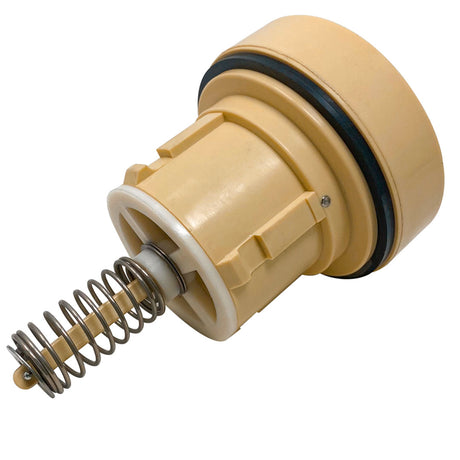 Tan low-flow pop-up head with spring-loaded stem and black O-ring seal