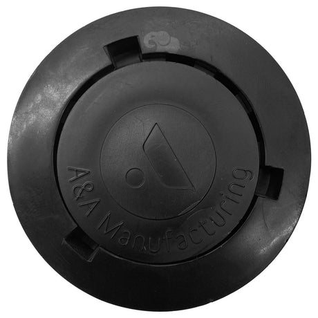 Black adjustable flow pop-up head with A&A Manufacturing logo, top view