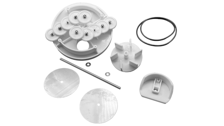 Pentair A&A valve rebuild kit parts, including white gear assembly, O-ring, discs, shaft, and plastic components