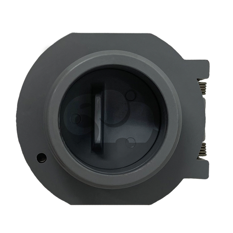 Gray 1-1/2-inch MPT vac lock fitting with circular threaded cap and spring latch mechanism