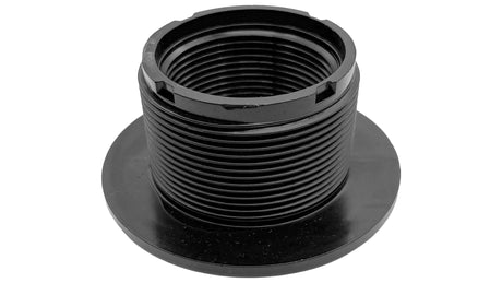 Black 1.5-inch threaded pool wall return fitting with wide flange for gunite pools