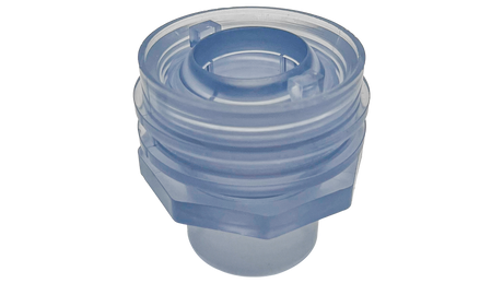 Translucent blue flush mount return fitting with threaded body and hex base on white background