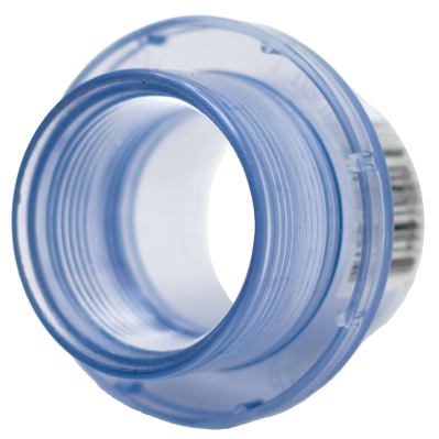Clear blue 1.5-inch FPT x S water stop adapter fitting with flanged end