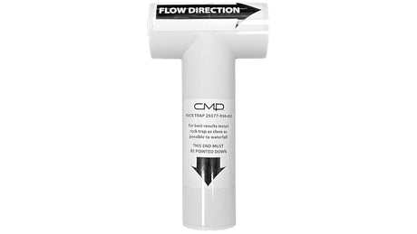 White CMP rock trap with flow direction arrows and installation labels