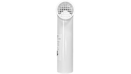 White cylindrical pool waterfall with round grated outlet and extended lip, shown vertically on a white background