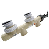 Beige 7-1/2-inch slide valve assembly with two gray union fittings and black handle for pool filters