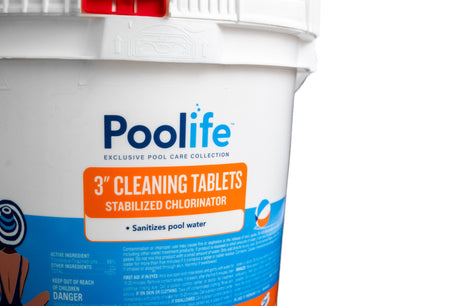 Poolife 3-inch cleaning tablets container for pool sanitation, 25 lb bucket label