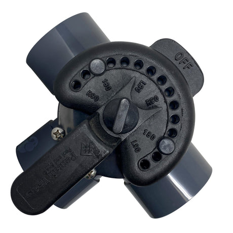 Pentair 2-inch three-way pool valve with black handle and gray PVC ports