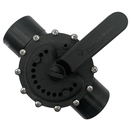 Pentair black CPVC 2-way diverter valve with locking handle and screw-fastened body, shown on a white background