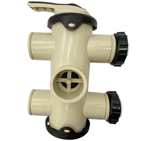 Pentair FullFloXF beige backwash valve with black handle and four side ports