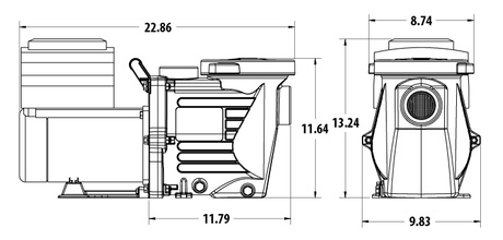 Technical dimension drawing of the Power Defender VSP Champion 2.7HP 230V pump with front and side views and measurements