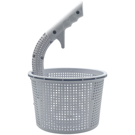 Gray plastic pool skimmer basket with curved handle and perforated sides