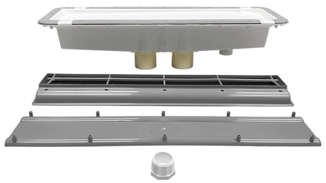 Pentair AVSC vinyl dual drain with hydrostat, shown in light gray with components laid out for assembly