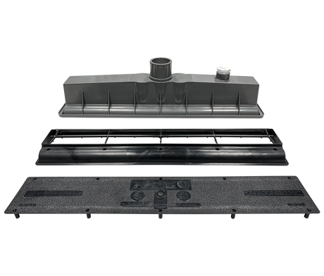 Exploded view of black AVSC single standard top channel drain components with cover and grate sections
