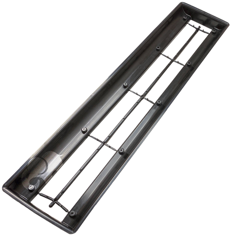 Black rectangular in-floor pool drain channel with internal support bars