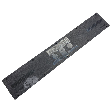 Black rectangular in-floor pool channel drain cover with AVSCO branding and mounting holes