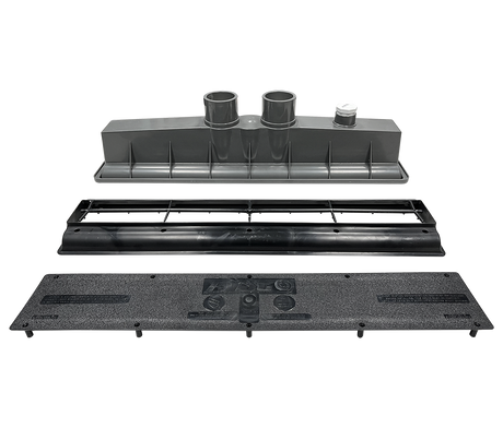 Black Pentair A&A AVSC dual standard top channel drain assembly, exploded view