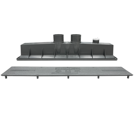 Gray dual standard top channel drain with two inlet ports and a flat cover panel