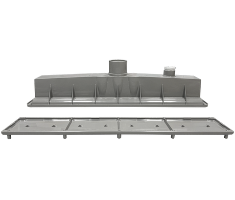 Gray Pentair A&A AVSC single pebble top channel drain assembly with base tray and fittings