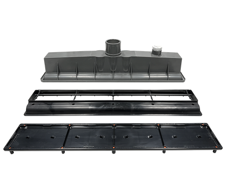 Exploded view of black AVSC single pebble top channel drain components for Pentair A&A in-floor pool system