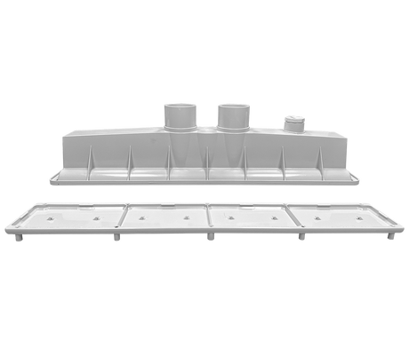White dual pebble top channel drain with two outlet ports and removable cover panel
