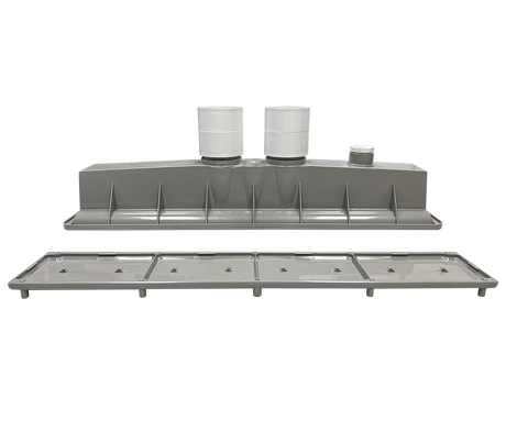 Light gray Pentair AVSC dual pebble top channel drain assembly with two pipe connections and matching cover grate