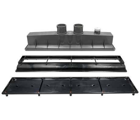 Black Pentair AVSC dual pebble top channel drain with three-piece components displayed in an exploded view