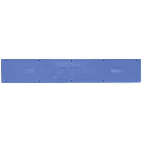 Blue AVSC standard drain top cover with embossed logo and mounting holes