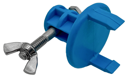 Blue plastic Caretaker cleaning head installation tool with metal wing bolt clamp
