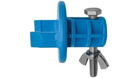 Blue plastic cleaning head installation tool with metal bolt and wing nut