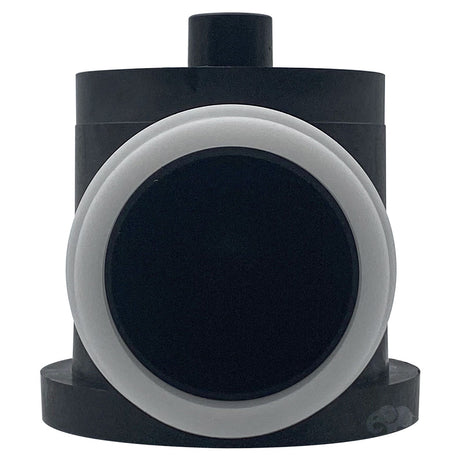 Black plastic molded tee with a large gray O-ring seal on a white background