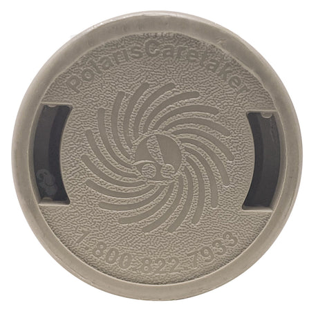 Round Pebble Gold Caretaker 99 threaded in-floor pool cleaning head with centered swirl design and side openings