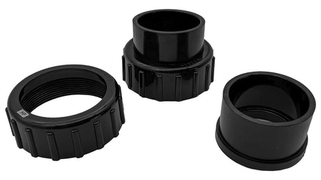 Three black plastic threaded adapter fittings for a Multicyclone 16 pre-filter water system