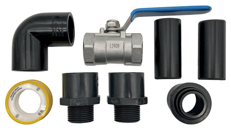 Multicyclone 16 pre-filter plumbing kit with elbow, ball valve, fittings, and sealing tape