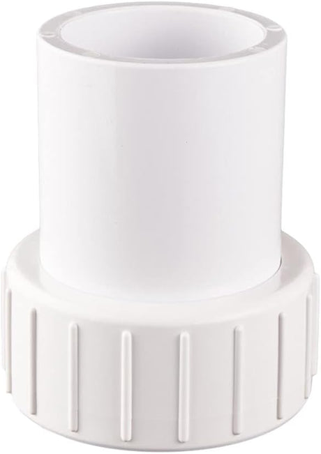 White plastic pump union fitting with threaded connector and ribbed collar.
