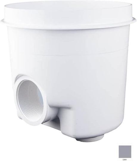 Gray sump drain with side threaded port and bottom outlet.